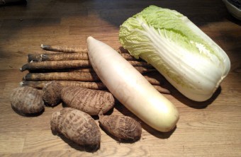 Pictured from L to R: gobo, sato emo, daikon, napa. 