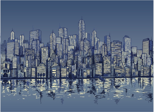 Blue sketch of city skyline by water at night